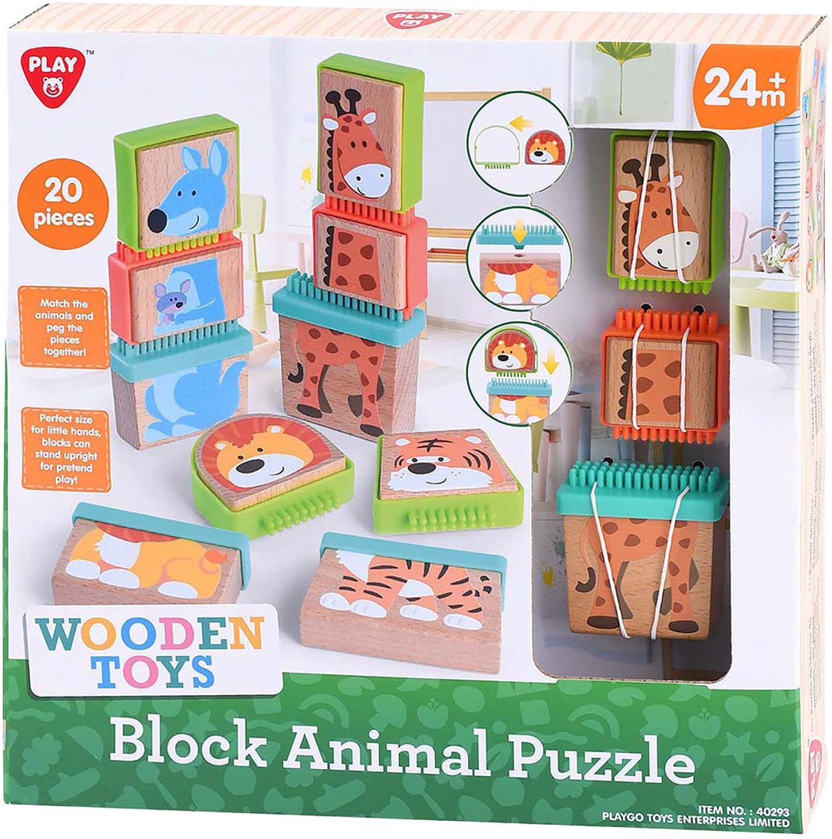 Speel houten blokpuzzel dieren, 20dlg.