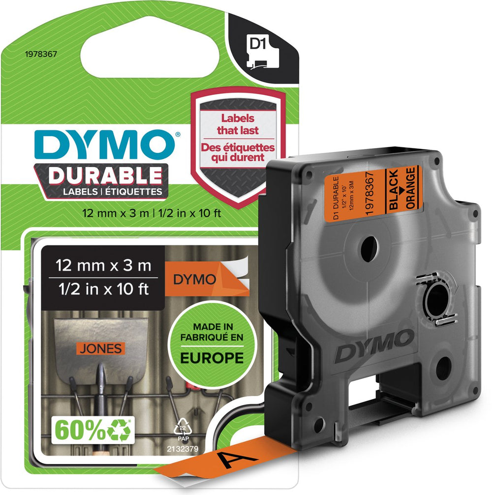 Dymo originele d1 duurzame labels | zwarte tekst op oranje label | 12 mm x 3 m | zelfklevende etiketten voor de labelmanager labelprinter | gemaakt in europa
