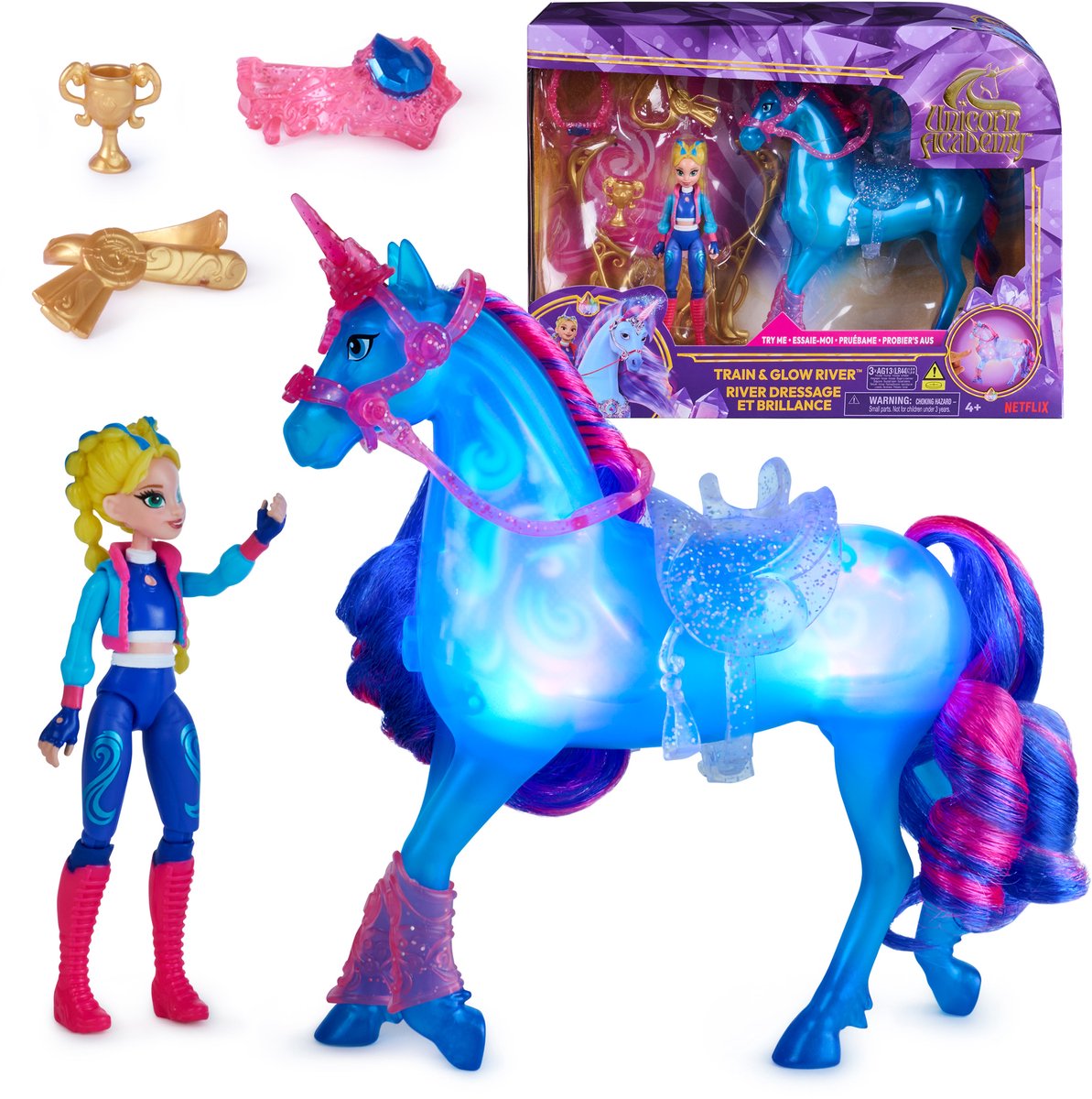 Unicorn academy - train glow river eenhoorn met lichteffecten 3 accessoires - eenhoornspeelgoed - speelfiguren