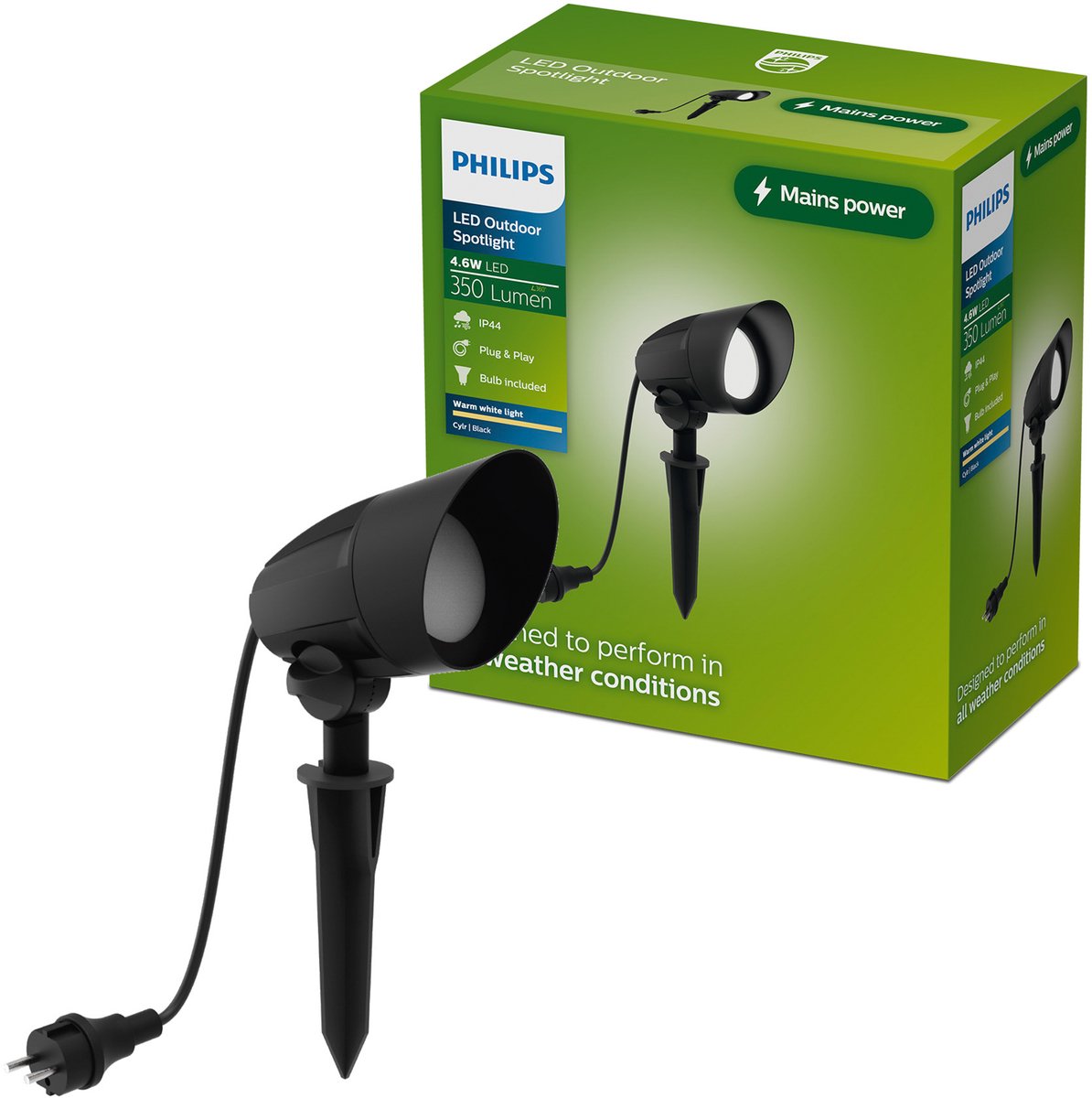Philips led philips cylr grondspot - buitenverlichting - warmwit licht: 2700k - gu10 led-spot meegeleverd - weerbestendig: ip44 - zwart - stekker