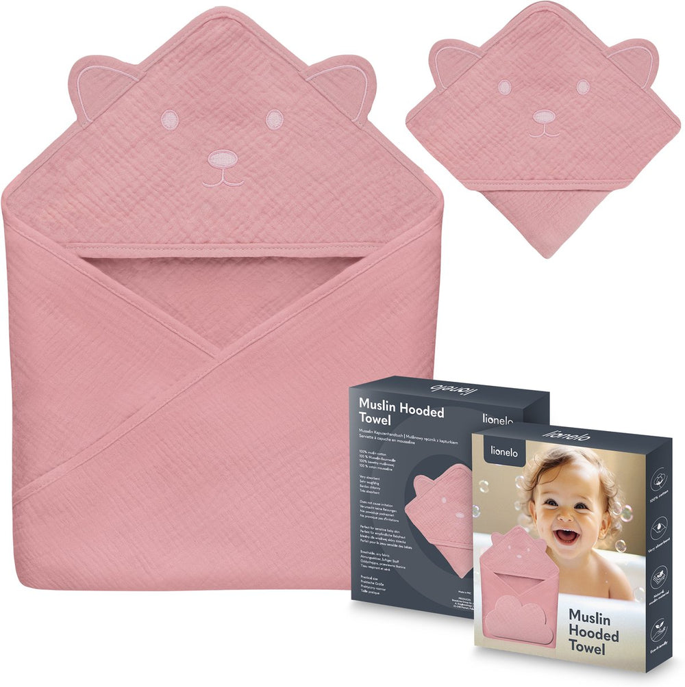 Lionelo muslin hooded baby towel – zachte babyhanddoek met capuchon van 100% katoenen mousseline – zachte badcape met capuchon – ademend, hypoallergeen irritatievrij – uitstekende absorptie – voor pasgeborenen oudere kinderen – 75x75 cm