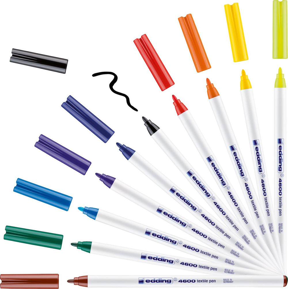 Edding 4600 textielstift - doos à 10 kleuren - ronde punt 1 mm - kleding versieren - permanente textielstiften voor het tekenen op textiel, wasbestendig tot 60 °c - textielstift