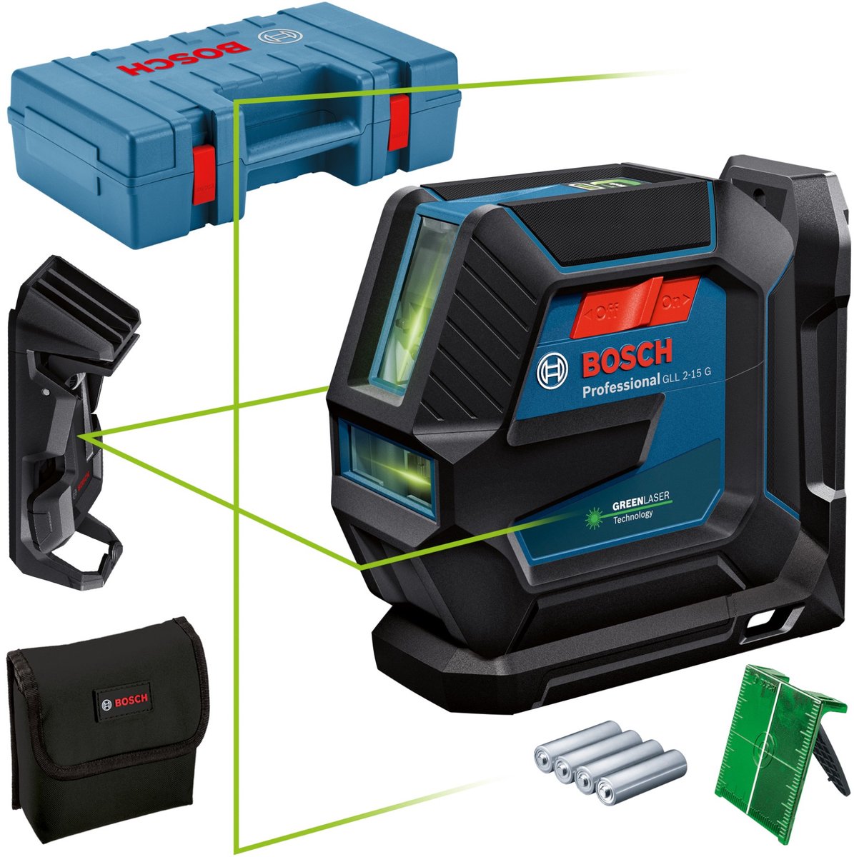 Bosch professional gll 2-15 g kruislijnlaser groen + plafondklem dk 10 in koffer - 0601063w02