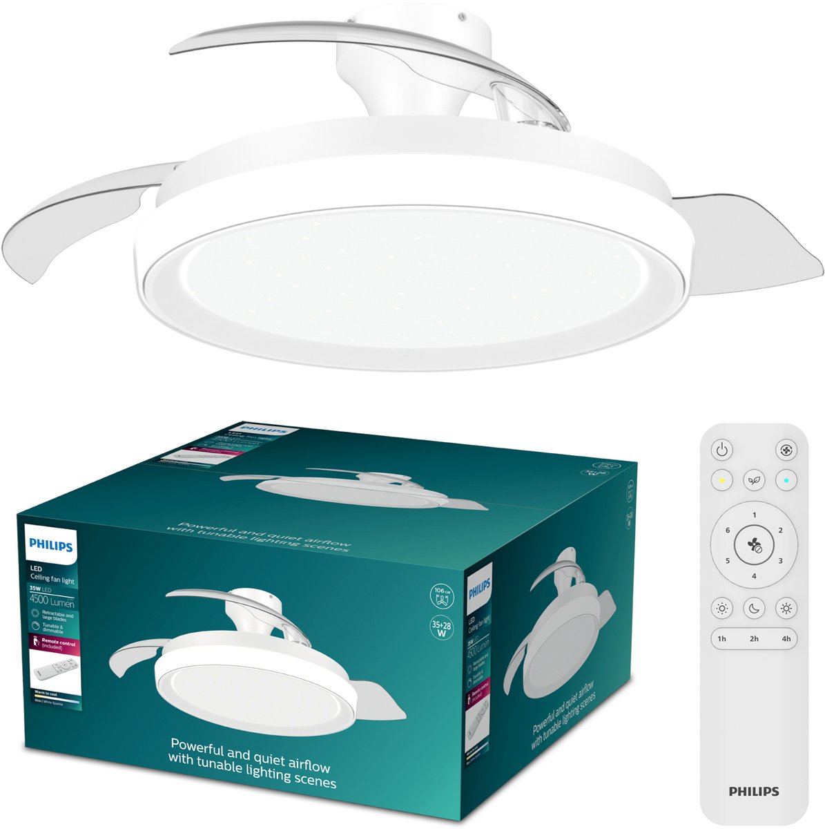Philips led philips bliss plafondventilator met ingebouwde led-lamp - 3 intrekbare bladen, diameter: 106cm - 4500 lumen - instelbaar wit licht van 2700k tot 6500k - dimbaar tot 5% - afstandsbediening - wit met glinstering