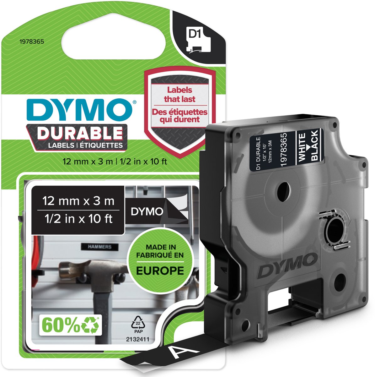 Dymo originele d1 duurzame labels | witte tekst op zwart label | 12 mm x 3 m | zelfklevende etiketten voor de labelmanager labelprinter | gemaakt in europa