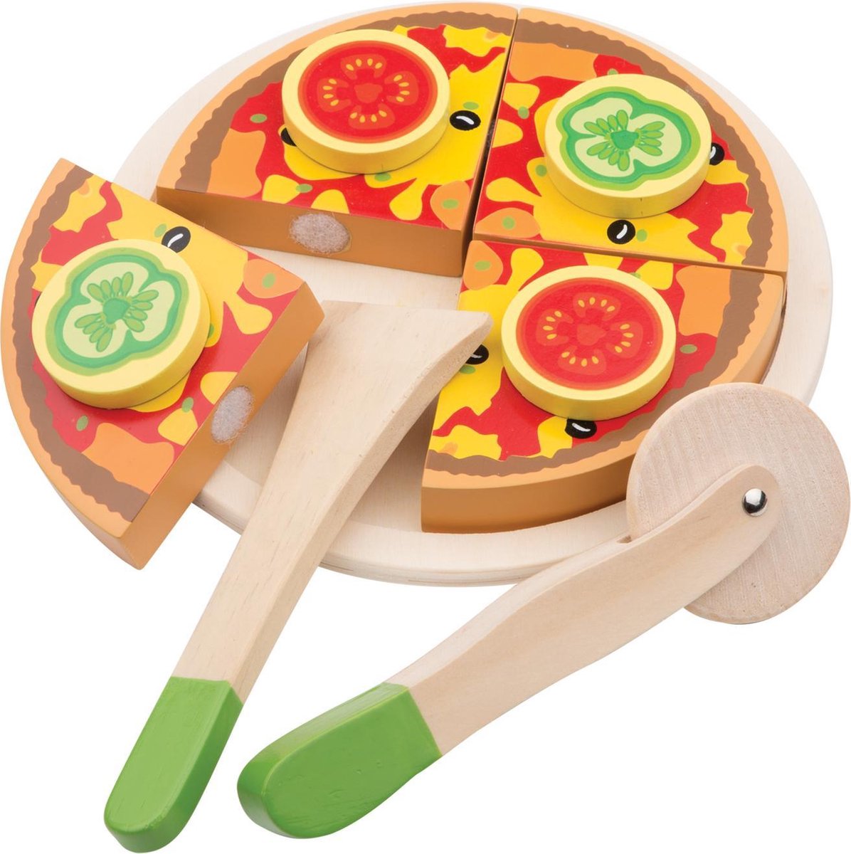 Woet ® houten pizza speelset - snijbare pizza met bord, snijder schep - educatief rollenspel - speelgoedeten - vanaf 2 jaar