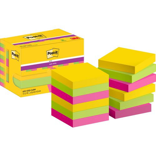 Post-it super sticky super sticky notes post-it 622-12ss-carn 47.6x47.6 mm effen geel, groen, roze