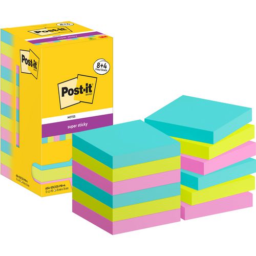 Post-it super sticky notes 654-sscos-p8+4 76x76 mm effen blauw, groen, roze