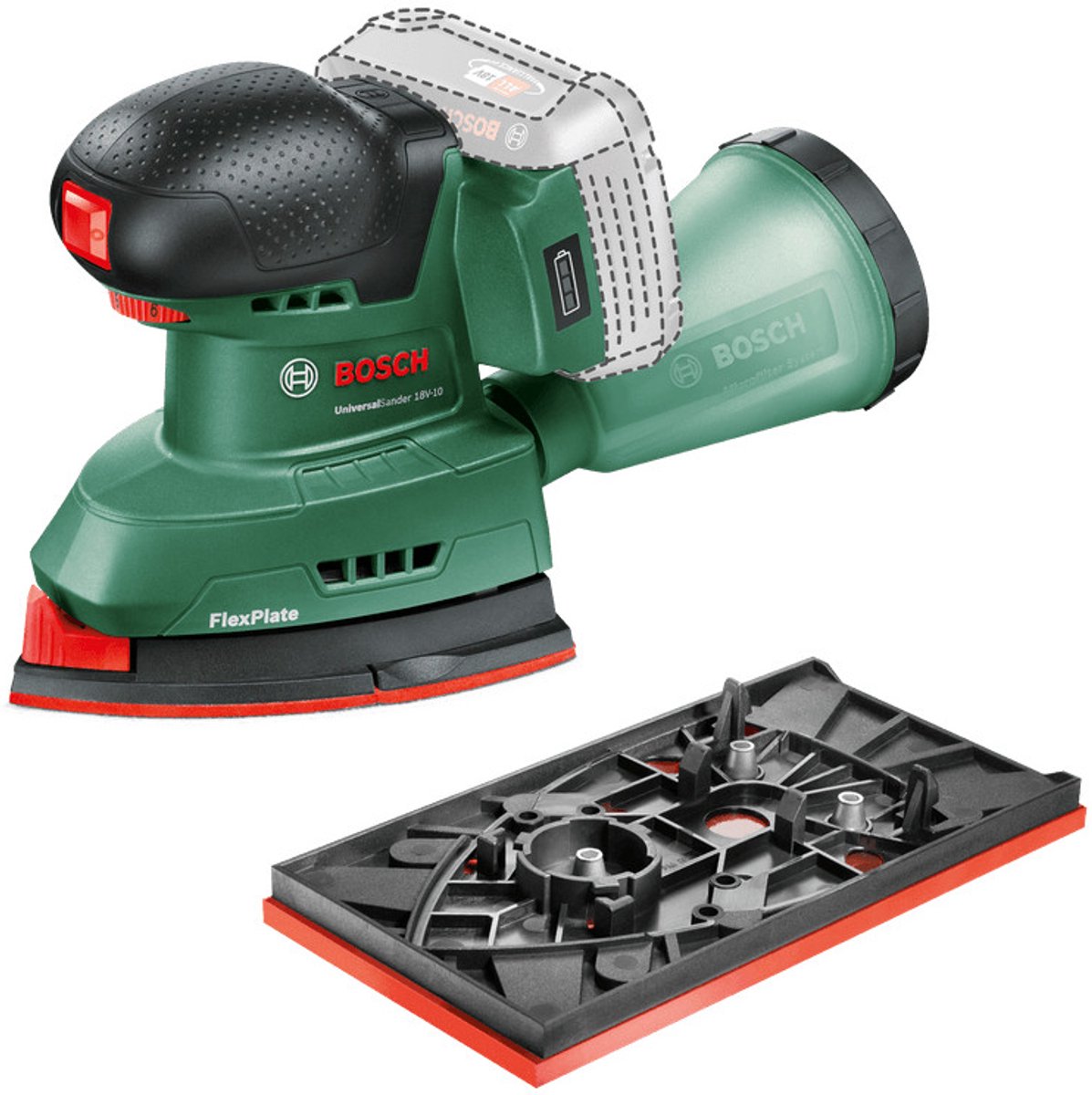 Bosch groen bosch universalsander 18v-10 - accu multischuurmachine - incl. rechthoekige schuurvoet en 2 schuurbladen - excl. 18v accu en lader