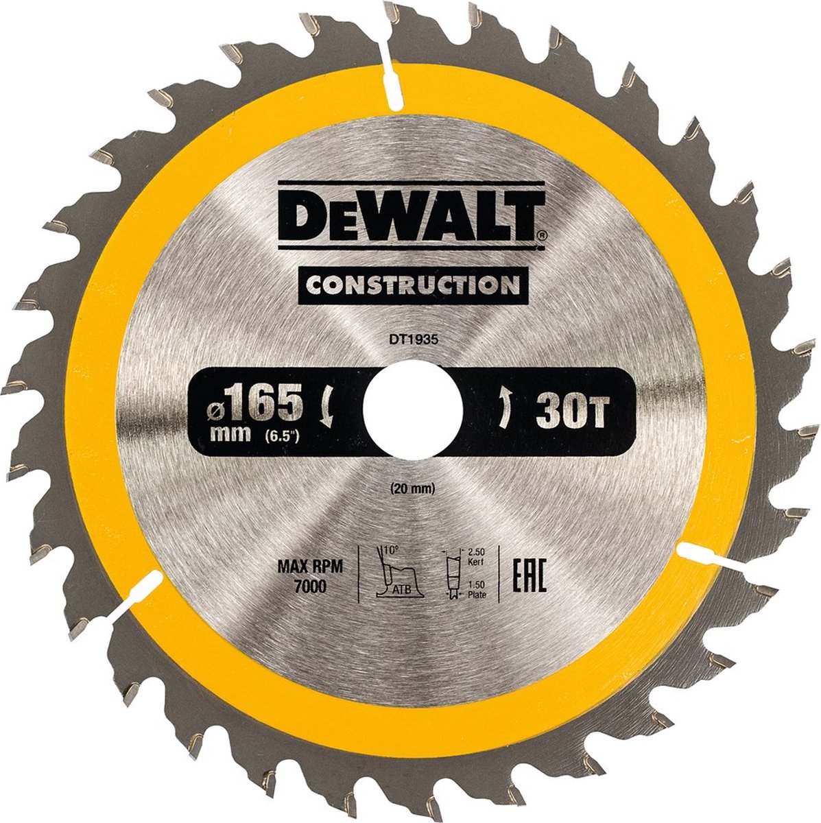 Dewalt cirkelzaagblad voor hout | construction | ø 165mm asgat 20mm 30t - dt1935-qz