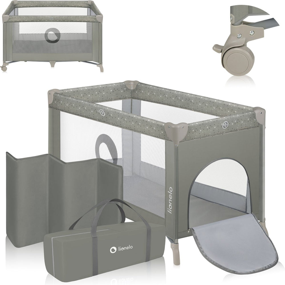 Lionelo stefi campingbedje 3 in 1 - baby bed inklapbare box reisbedje - 60x120 cm - 0-36 maanden tot 15 kg - met comfort matras - zij-ingang met rits - wielen - transporttas - babybed babybox ledikant