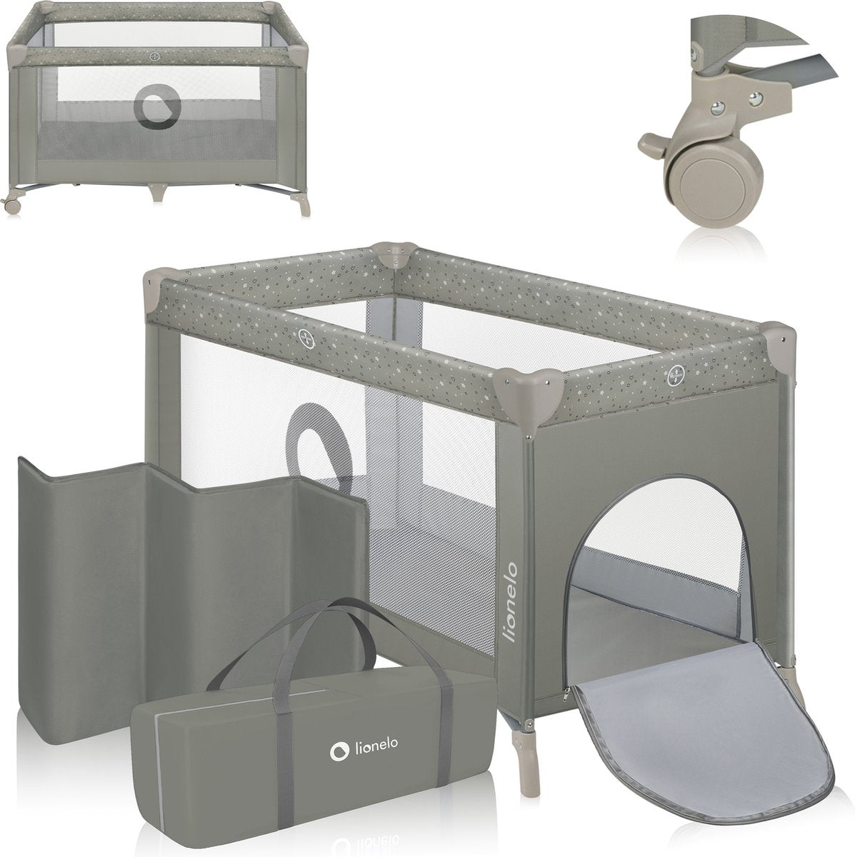 Lionelo campingbedje 3 in 1 - baby bed inklapbare box reisbedje - 60x120 cm - 0-36 maanden tot 15 kg - met comfort matras - zij-ingang met rits - wielen - transporttas - stefi babybed babybox ledikant