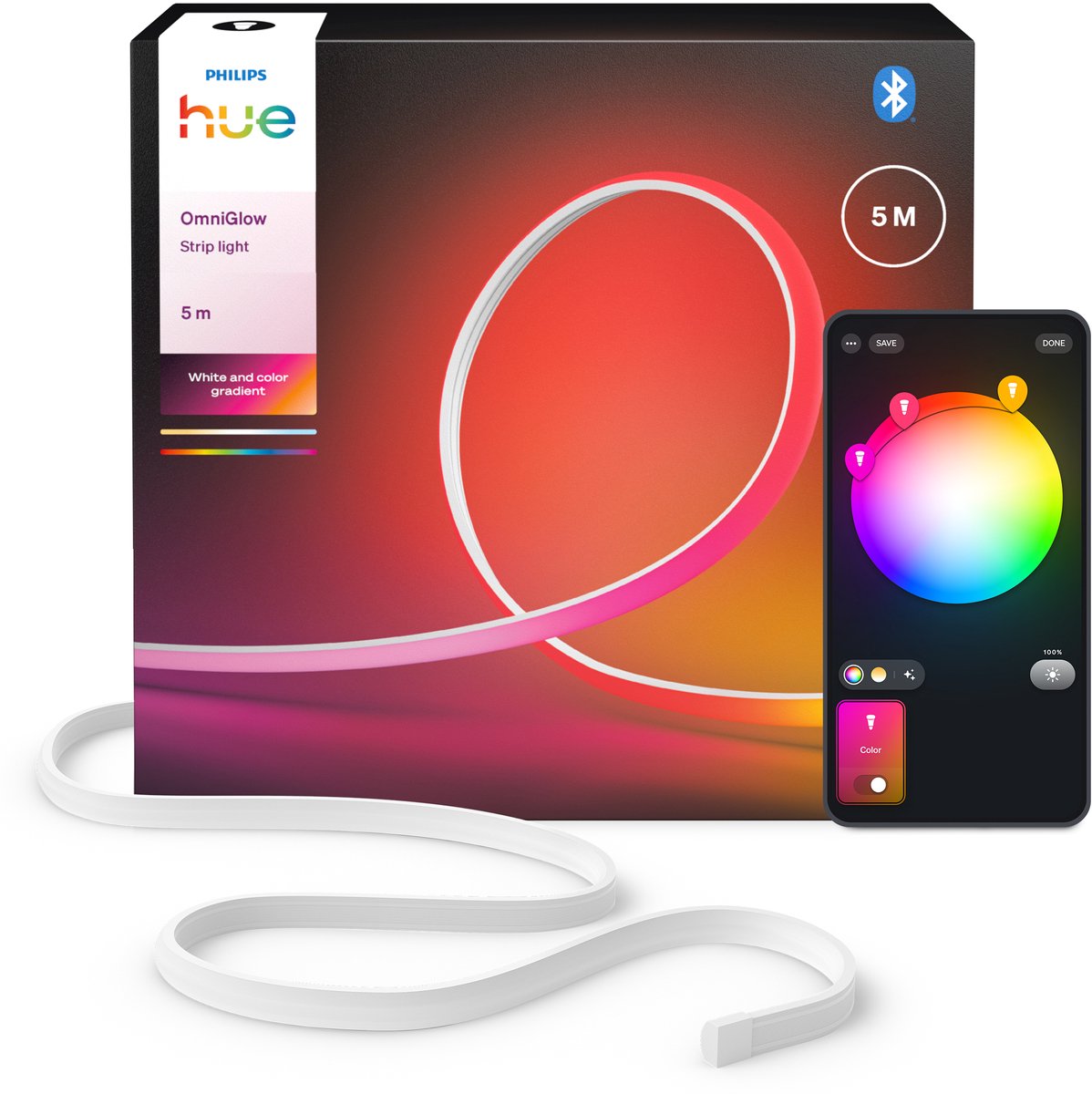 Philips hue omniglow led strip 5 m omniglow, gelijkmatig licht en kleurovergangen, ultrahelder, echt wit licht 4500 lumen