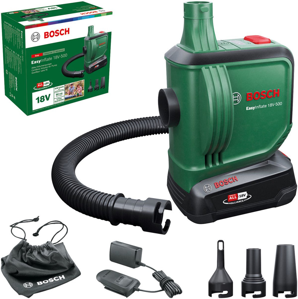 Bosch easyinflate 18v-500 - acculuchtpomp - incl. 1x 18v 2,0 ah accu - lader - 3 mondstukken - 50cm slang - opbergtas