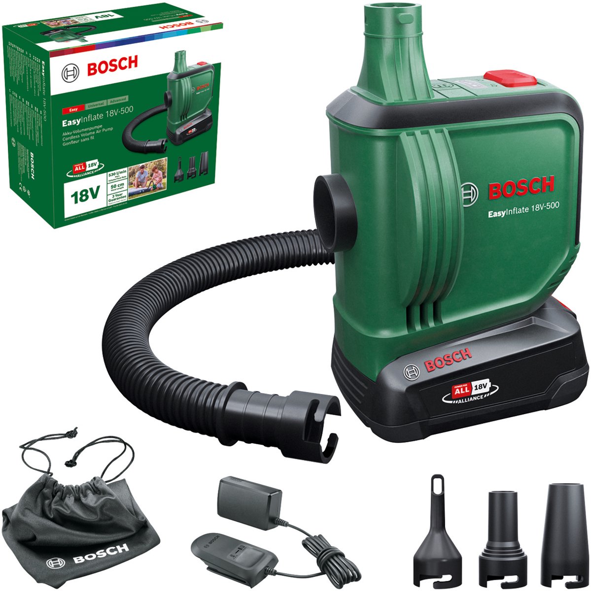 Bosch easyinflate 18v-500 - acculuchtpomp - incl. 1x 18v 2,0 ah accu - lader - 3 mondstukken - 50cm slang - opbergtas