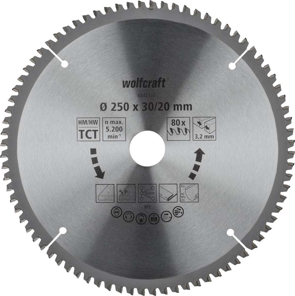 Wolfcraft - zaagblad 250 x 30 mm - 80 tanden - afkortzaag - kap- en verstekzaag - 6542000