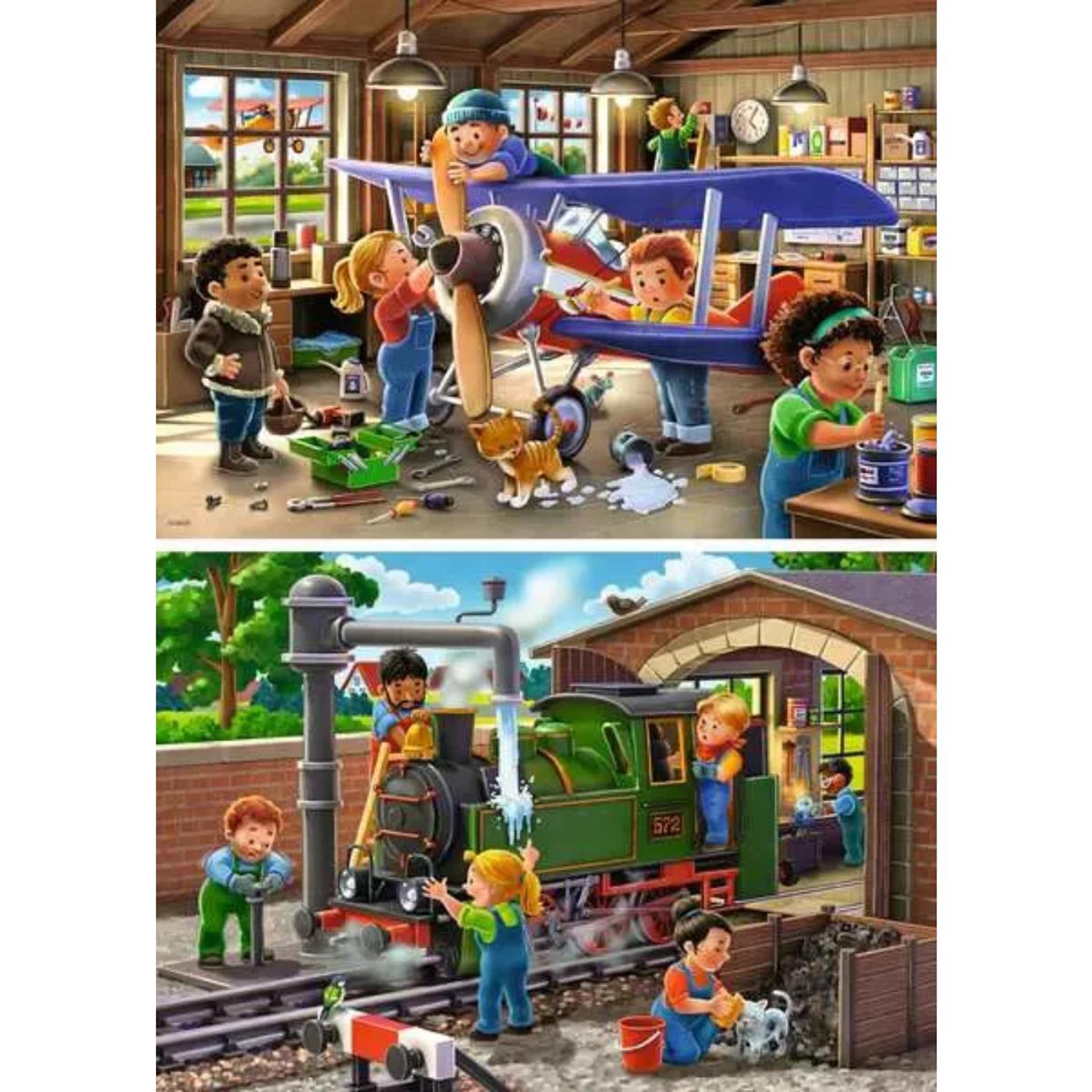 Ravensburger legpuzzel vliegtuig en trein reparatie, 2x24st.