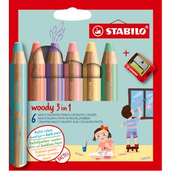 Stabilo woody 3 in 1 pastel - multi talent kleurpotloden - etui met 6 kleuren puntenslijper