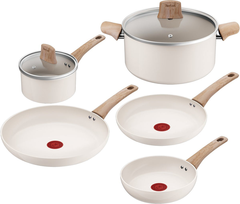 Tefal cera bright on - keramische pannenset - 5-delig - beige - pfas-vrij - geschikt voor inductie