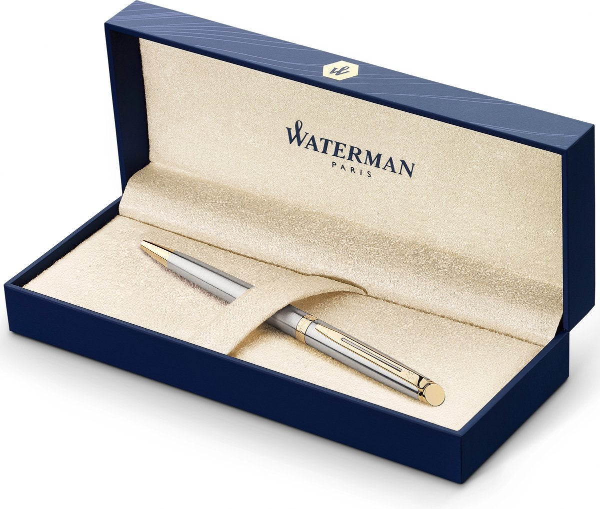 Waterman h misph re-balpen - roestvrij staal gouden afwerking - medium penpunt - blauwe inkt - geschenkdoos