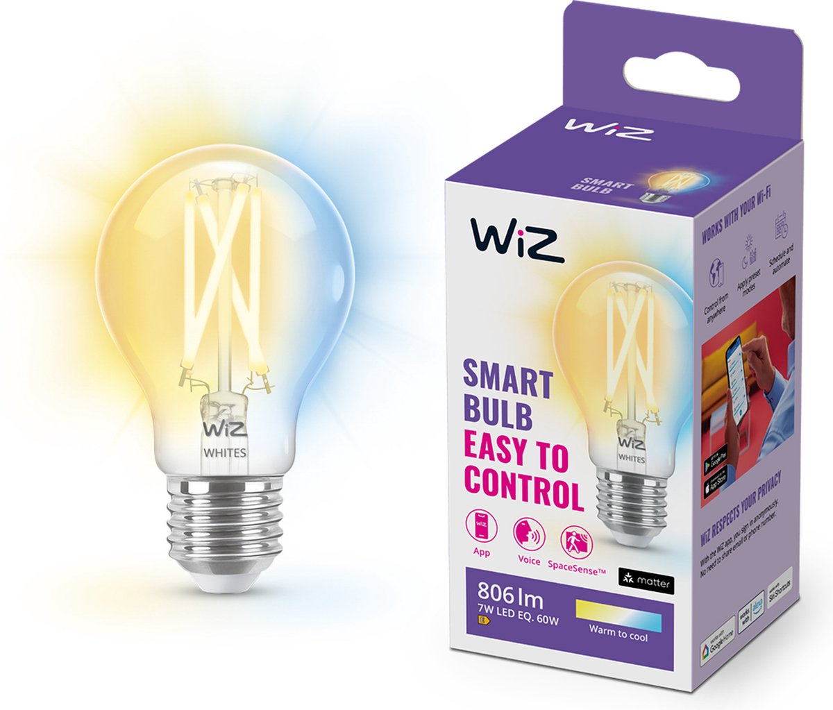 Wiz filament lamp - warm- tot koelwit licht - slimme led verlichting - e27 fitting - 60w - transparant - wi-fi
