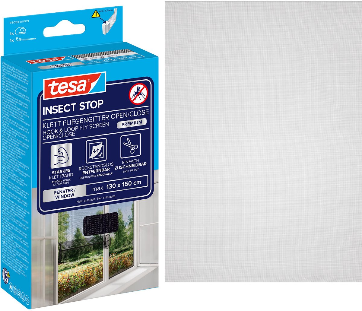 Tesa insect stop h l fly screen open close premium for windows - hor openen sluiten, zonder boren, antraciet - 130 x 150 cm
