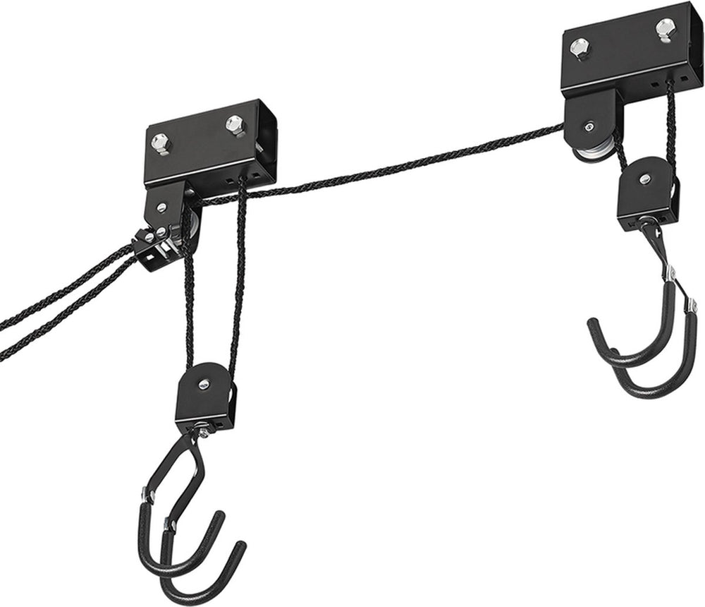 Proplus fietslift - xl - ophangsysteem voor fiets, ladder en dakkoffer - met katrollen – tot 57 kg - plafondbevestiging – haken met rubberen afwerking – ook voor kajaks en ladders – zwart