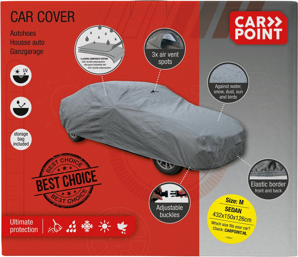Carpoint autohoes m 432x150x126 cm – 3-laags – uv waterafstotend – met ventilatie – elastische pasvorm – inclusief opbergzak
