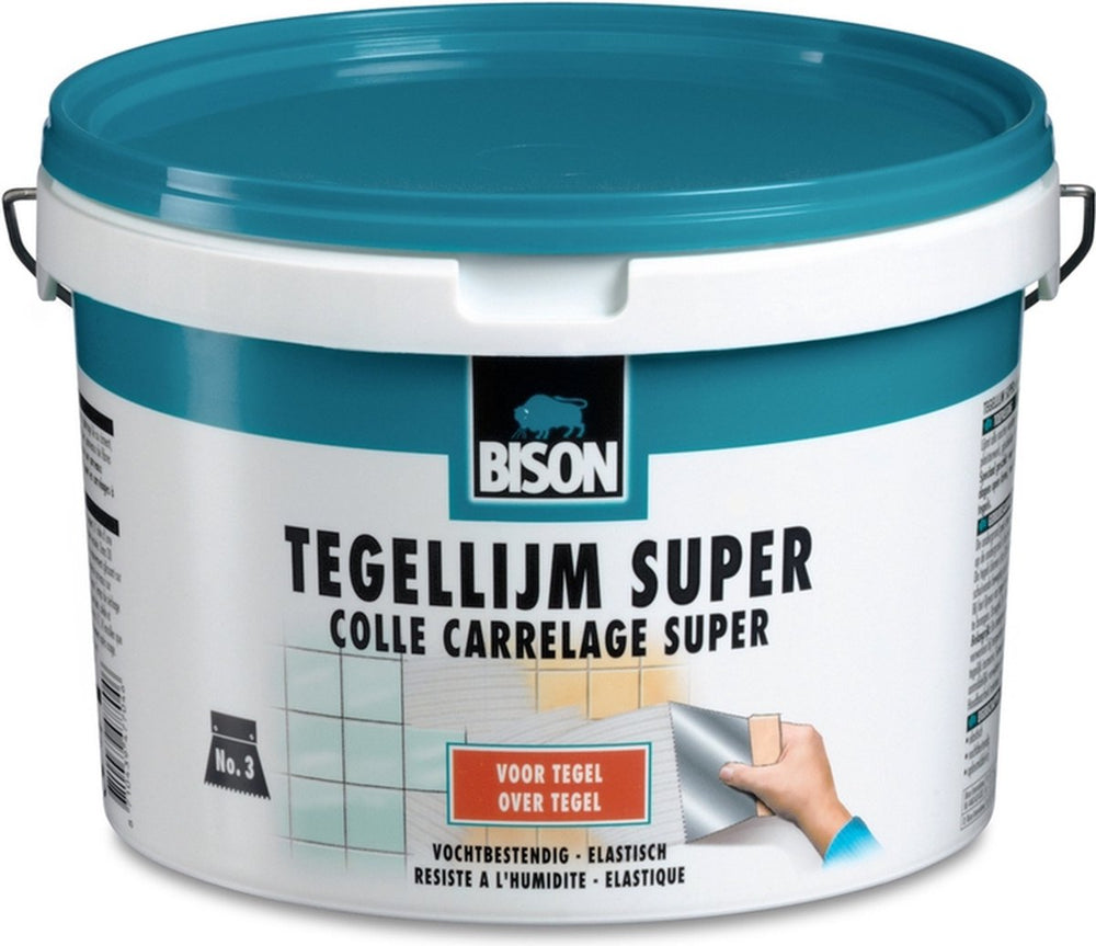 Bison tegellijm super emmer 3 kg, voor alle soorten tegels, vochtbestendig, makkelijk verwerkbaar, oplosmiddelvrij