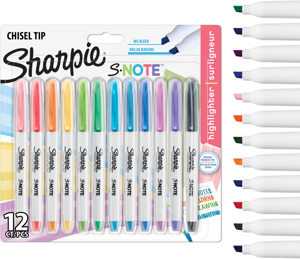 Sharpie s-note creatieve kleurenmarkers | markeerstift om mee te schrijven, tekenen en meer | diverse pastelkleuren | beitelpunt | 12 stuks