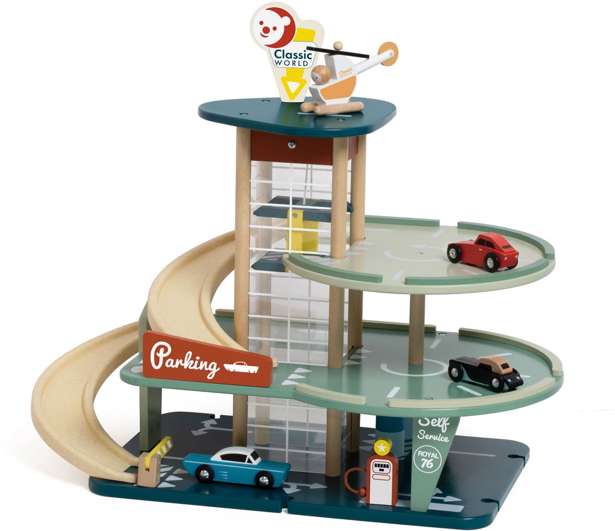 Classic world houten vintage garage speelgoed met auto's en lift, 11-delig.