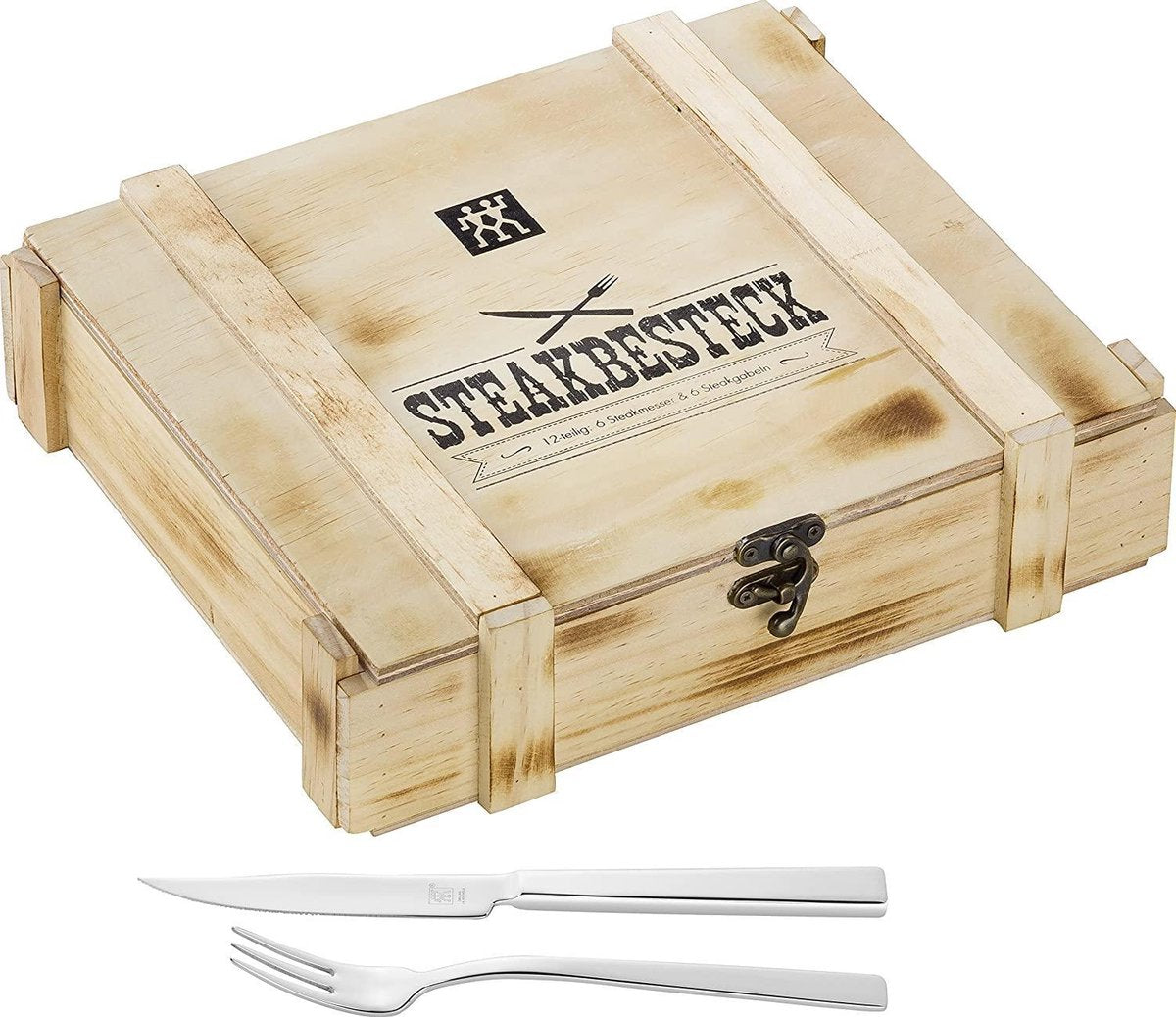 Zwilling steak bestekset - 12-delig - in rustieke houten doos - roestvrij staal