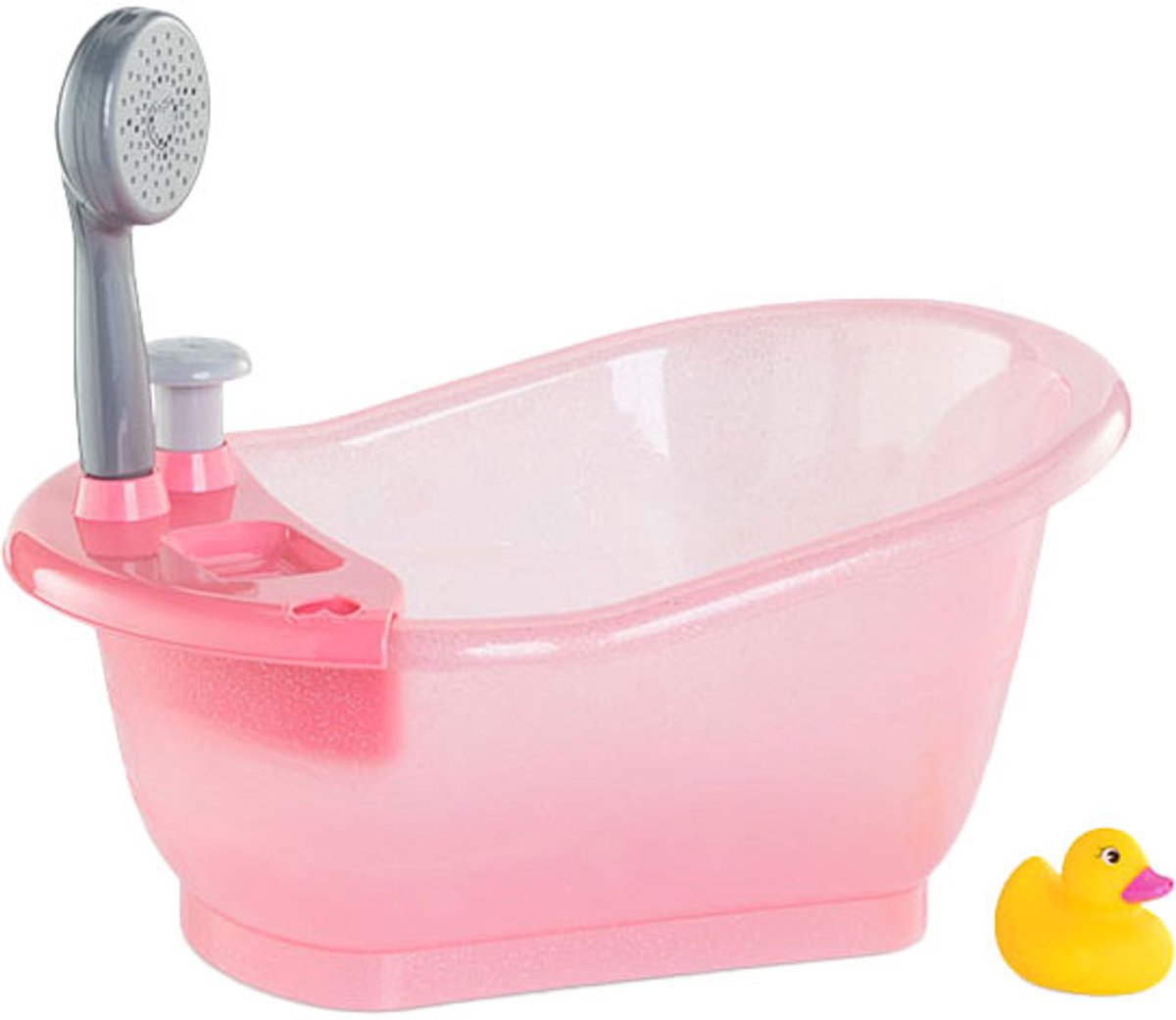Corolle doll bath pink bathtub with shower and rubber duck toy.