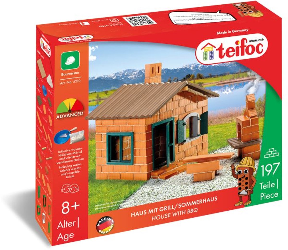Teifoc ® bouwdoos – huis met barbecue – 197 onderdelen – echte mini bakstenen met cement, kom en troffel – bouwpakket voor kinderen vanaf 6 jaar