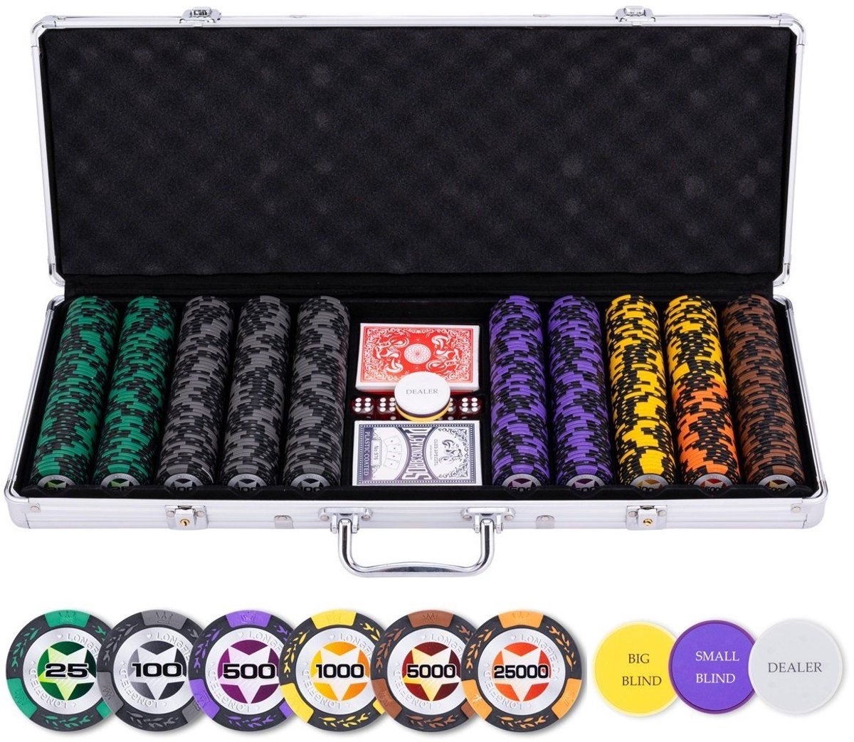 Longfield pokerset 500 chips 14 gram - chips met waarde (high stake) - speelkaarten, dealer button dobbelstenen - engelhart