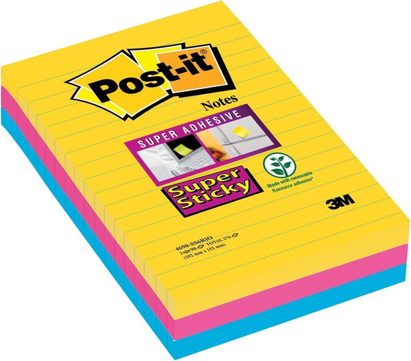 Post-it super sticky notes 101x152 mm geel blauw roze