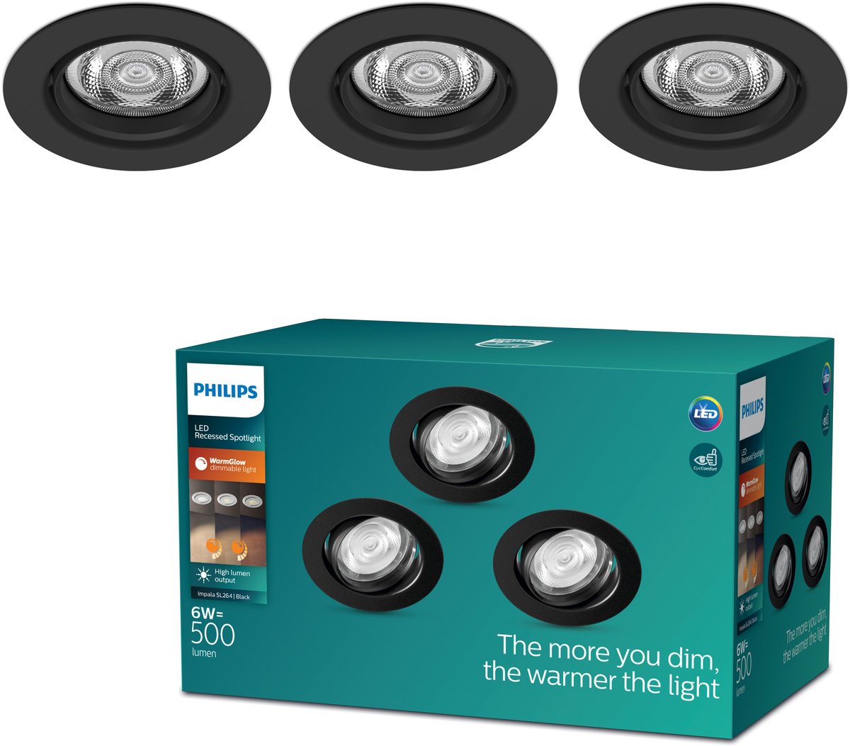 Philips led philips impala inbouwspot - 3-lichts - zwart - rond