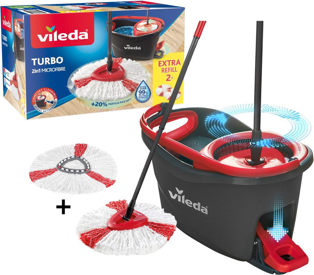 Vileda turbo dweilsysteem met 2 mopkoppen - complete mopset met emmer en pedaalpers inclusief 2 vervangende microvezelmop 2in1