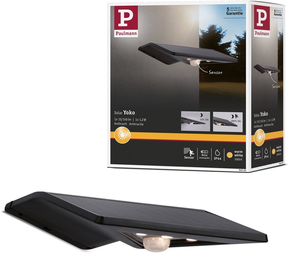Paulmann solar led-huisnummerverlichting yoko schemergestuurde bewegingsmelder (ir) ip44 3000k 42lm antraciet