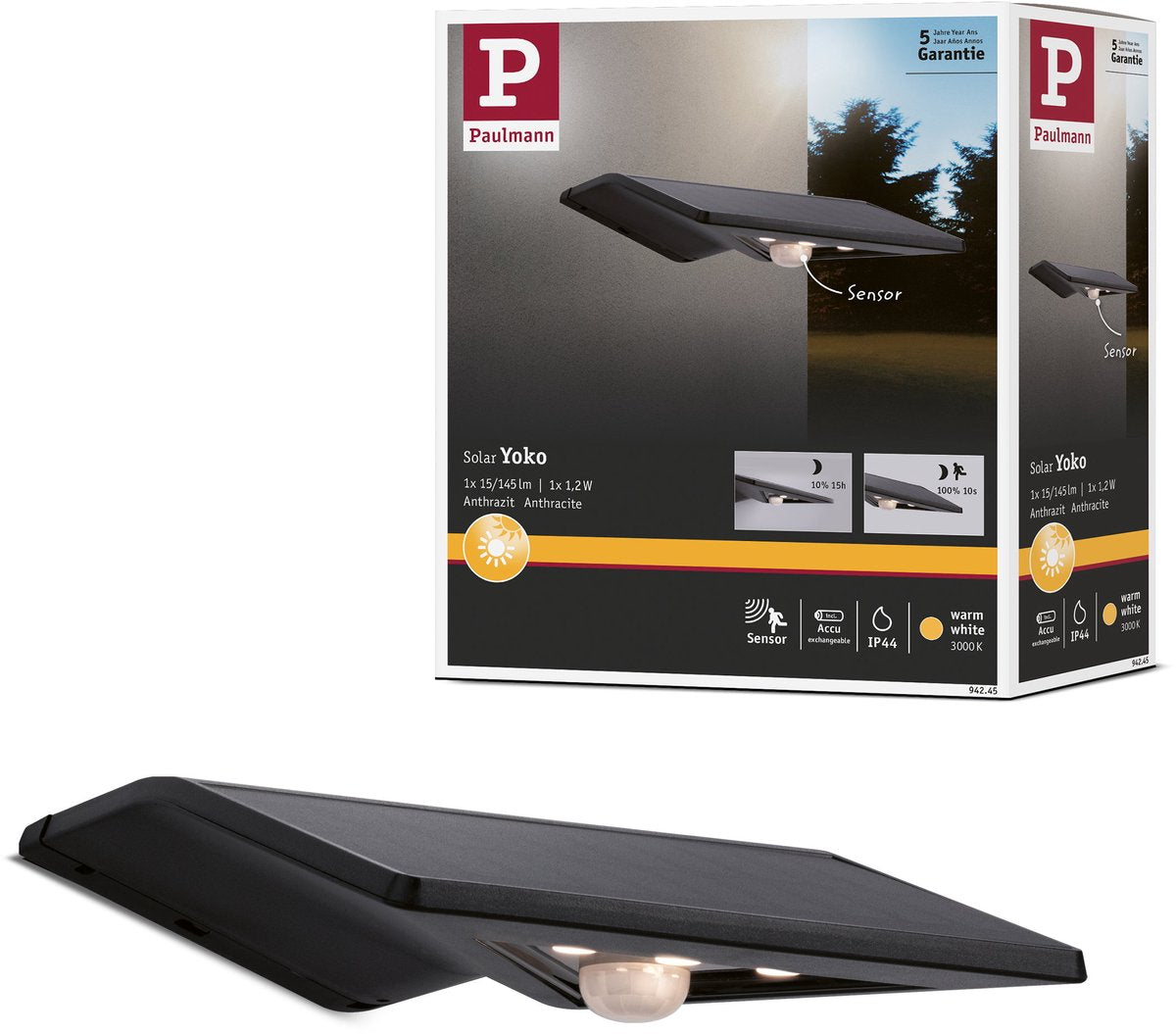 Paulmann solar led-huisnummerverlichting yoko schemergestuurde bewegingsmelder (ir) ip44 3000k 42lm antraciet