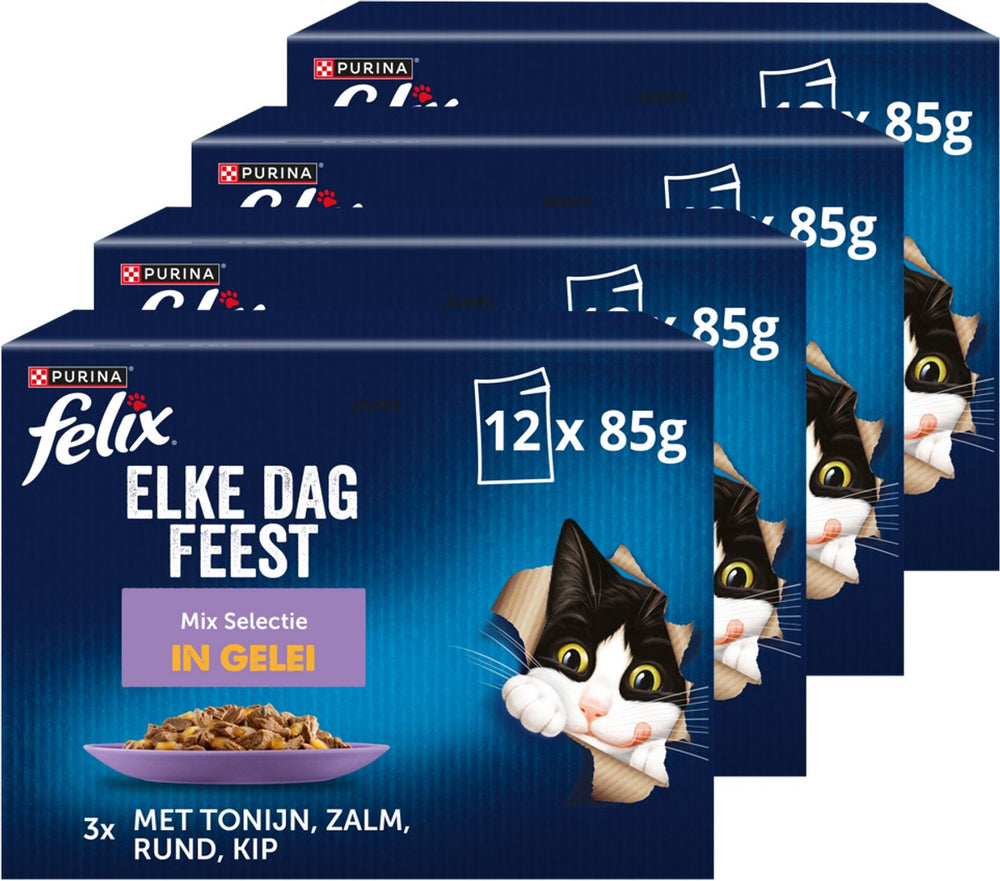 Felix elke dag feest in gelei mix selectie - kattenvoer natvoer - tonijn zalm rund kip - 48 x 85 g