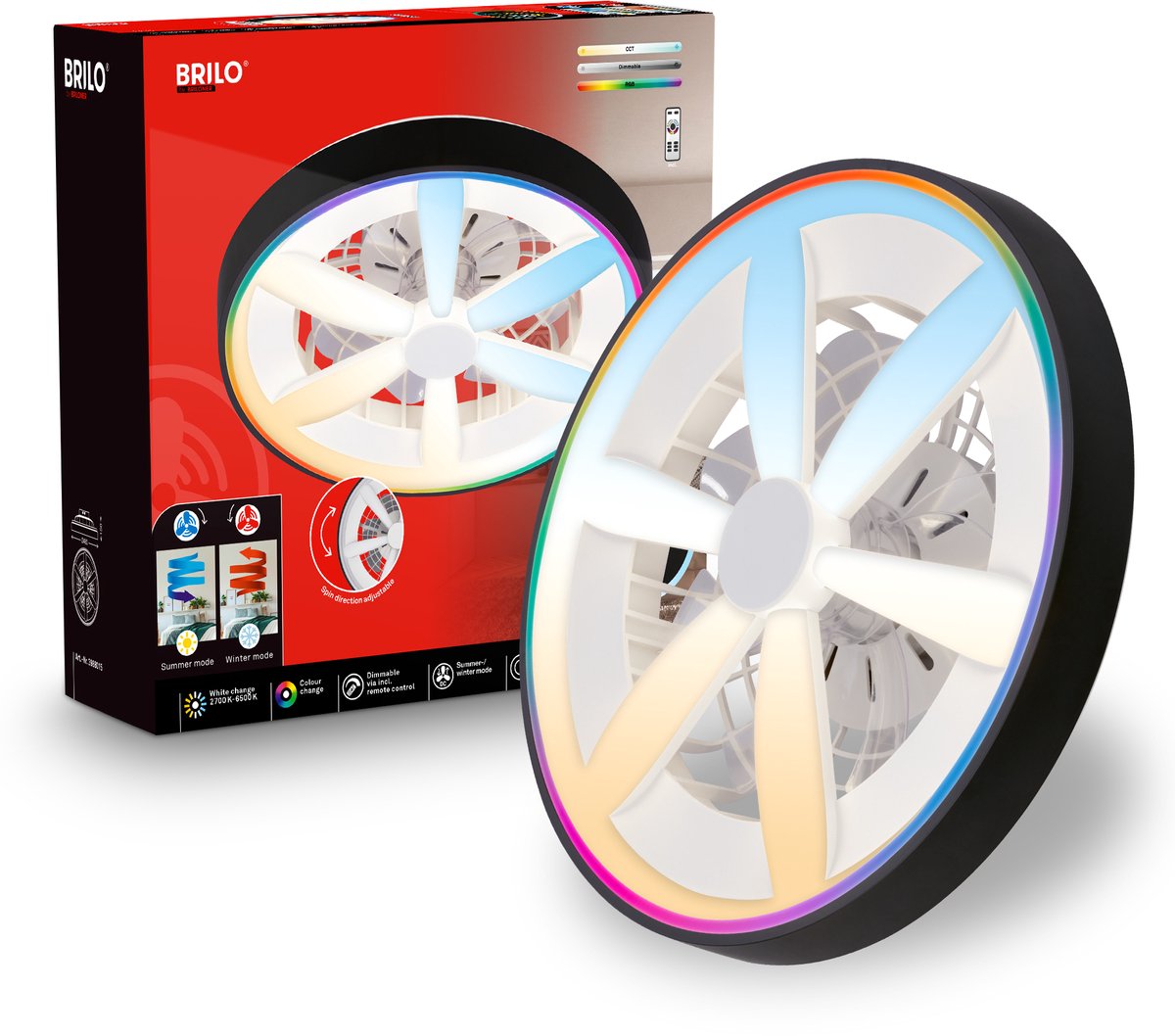 Briloner air - plafondventilator met rgb verlichting - led plafondlamp met ventilator - dimbaar - 5 snelheden - ventilator lamp zomer- en wintermodus - rgb cct - ø48cm - zwart