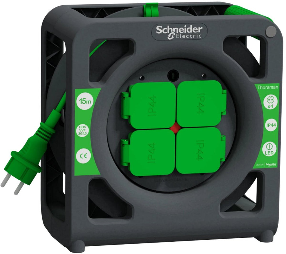 Schneider electric thorsman - kabelhaspel - 15m - ho5vvf - 3g1.5 - ip44 - schuko