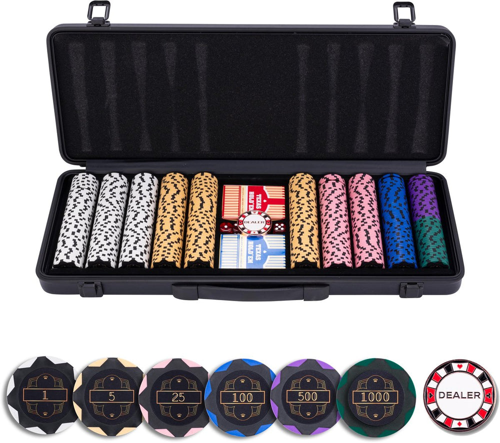 Longfield pokerset 500 chips 14 gram – waarde chips €1 €5 €25 €100 €500 – speelkaarten, dealer button dobbelstenen – zwarte aluminium koffer – engelhart