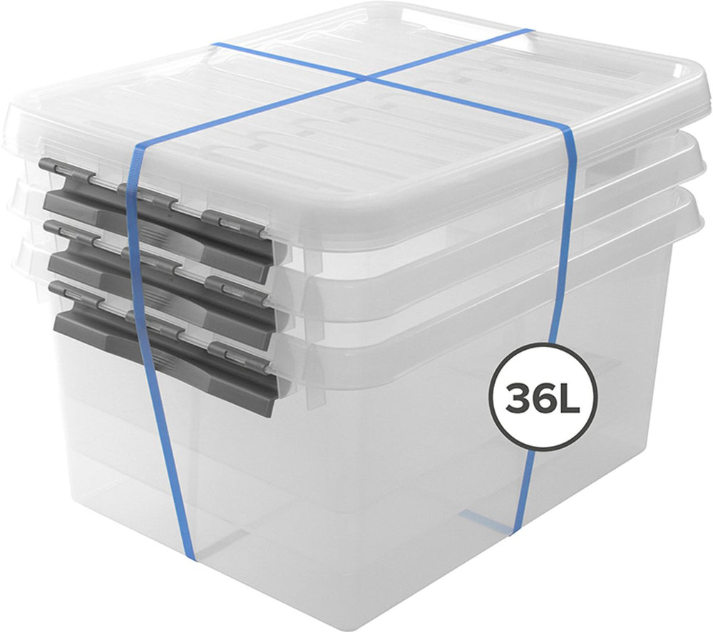 Sunware q-line opbergbox met deksel 36l - set van 3 - transparant grijs