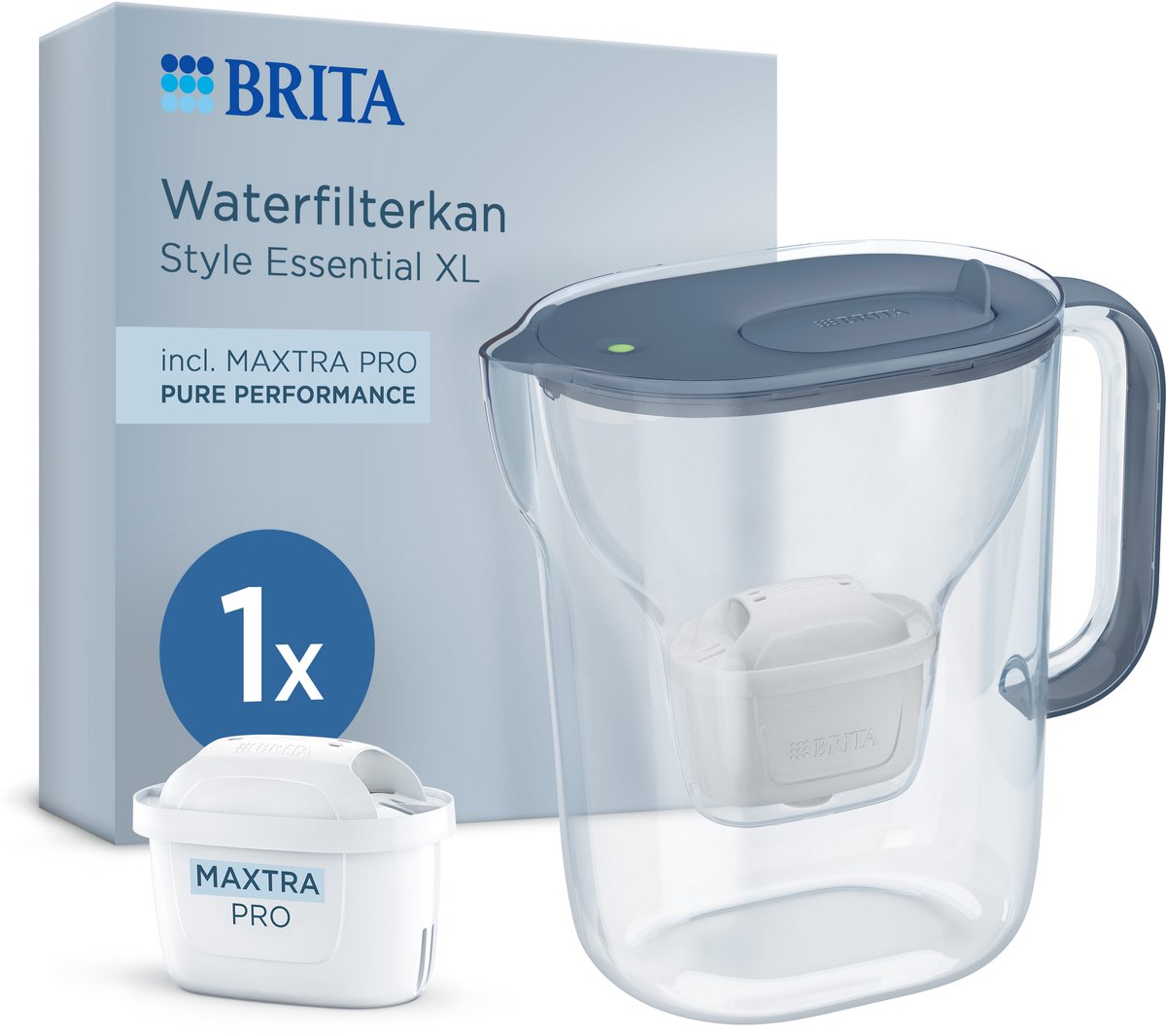 Brita waterfilterkan style essential xl - 3,6l - blauw - incl. 1x maxtra pro pure performance - grote filterkan met smart light led klapdeksel, filtert verontreinigingen meer