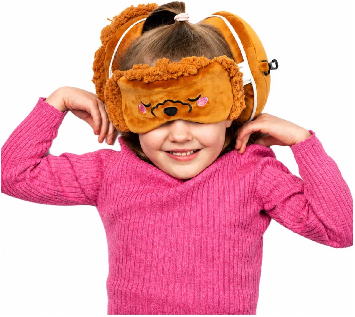 Relaxeazzz reis set - poedel hond knuffel reiskussen slaapmasker - voor kinderen - in vliegtuig of auto