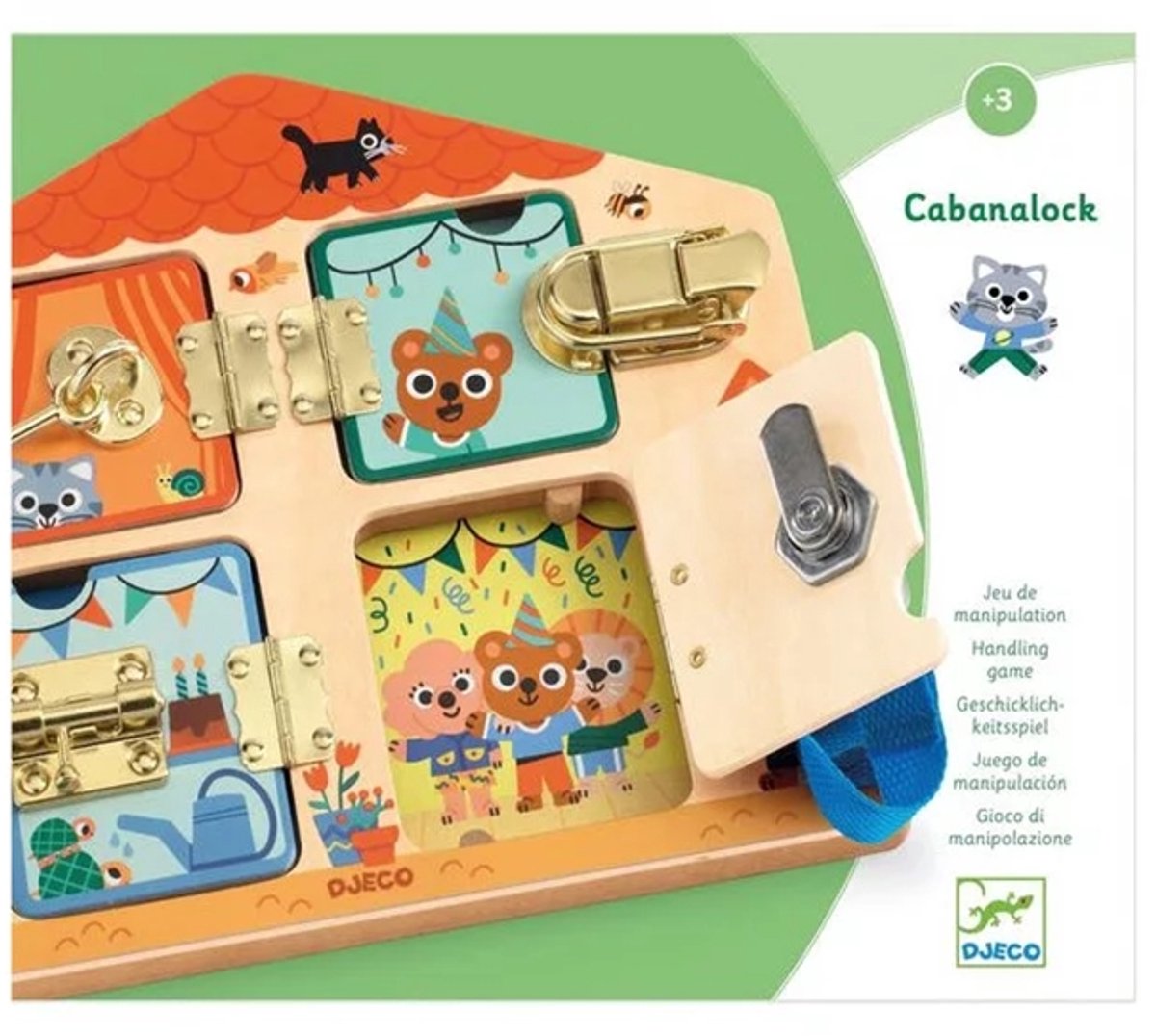 Djeco houten pedagogisch spel cabanalock - motoriek huis fsc.
