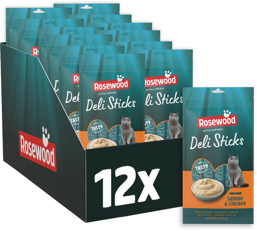 Rosewood deli sticks zalm kip - mousse kattensnack - zacht rijk aan vitamines - zonder toegevoegd zout of suiker - 12 zakjes met 5 sticks à 15g