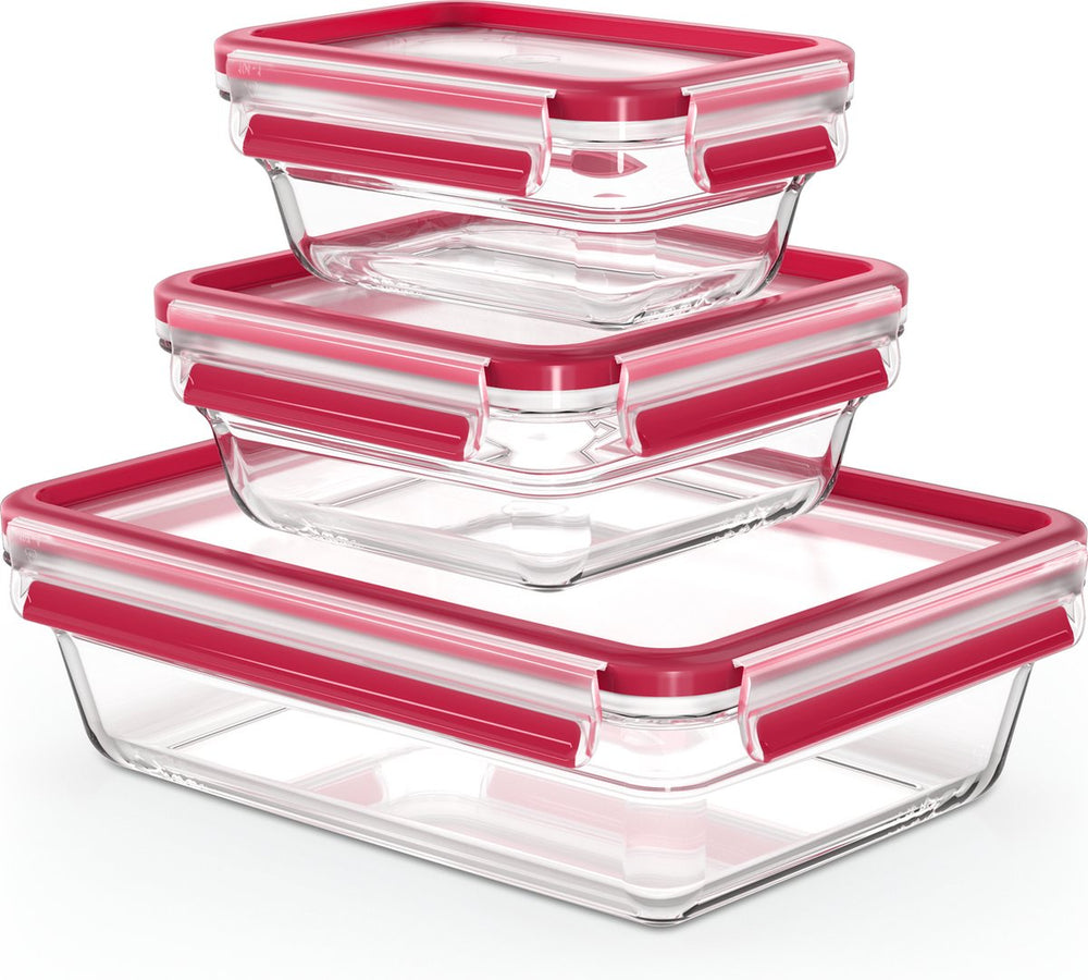 Emsa n1050900 clip and close glazen vershoudbewaarbakjes 0,45l-2l 3 stuks rood